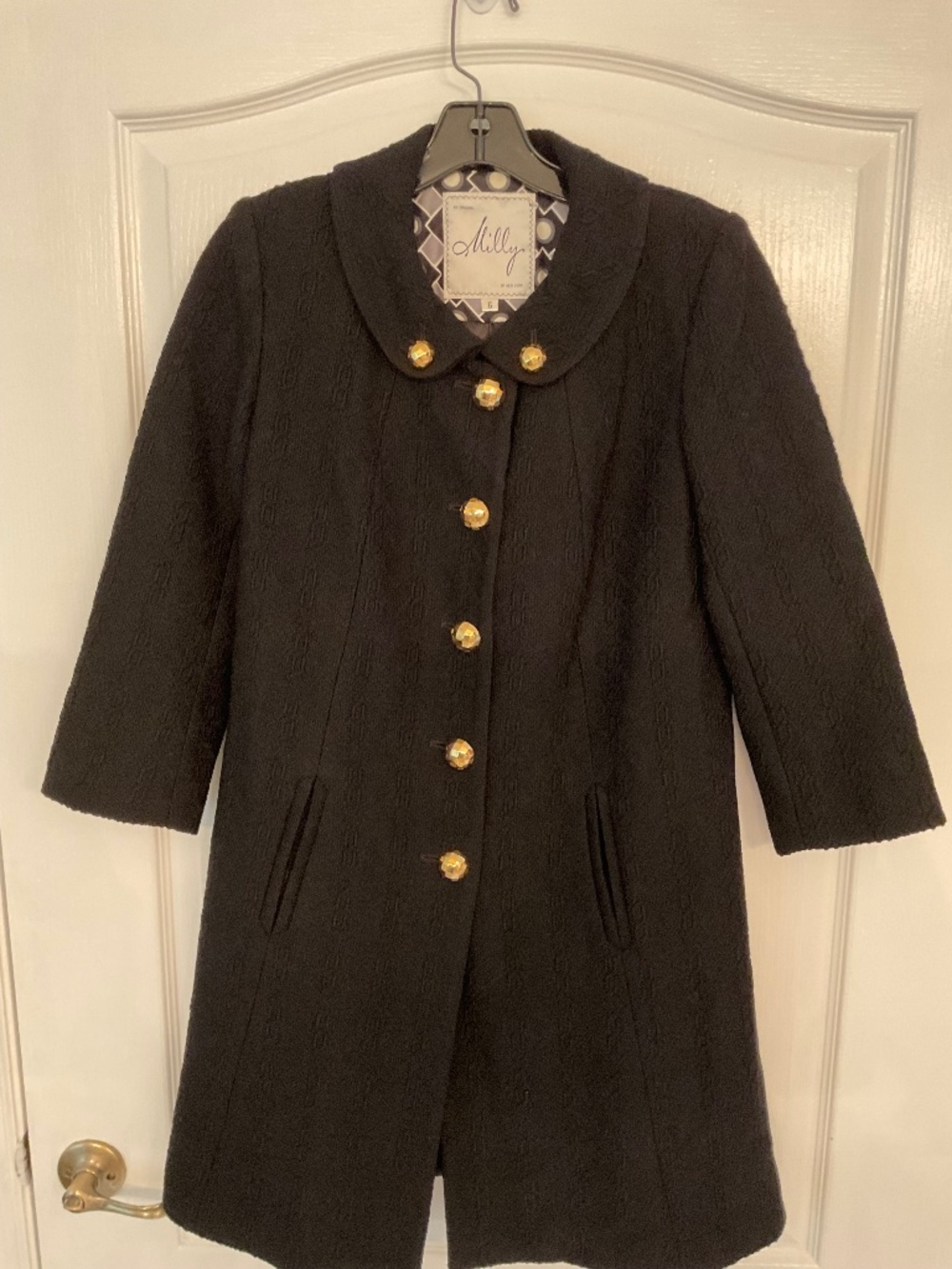 Milly of New York Black Wool Coat with Gold Buttons size 6